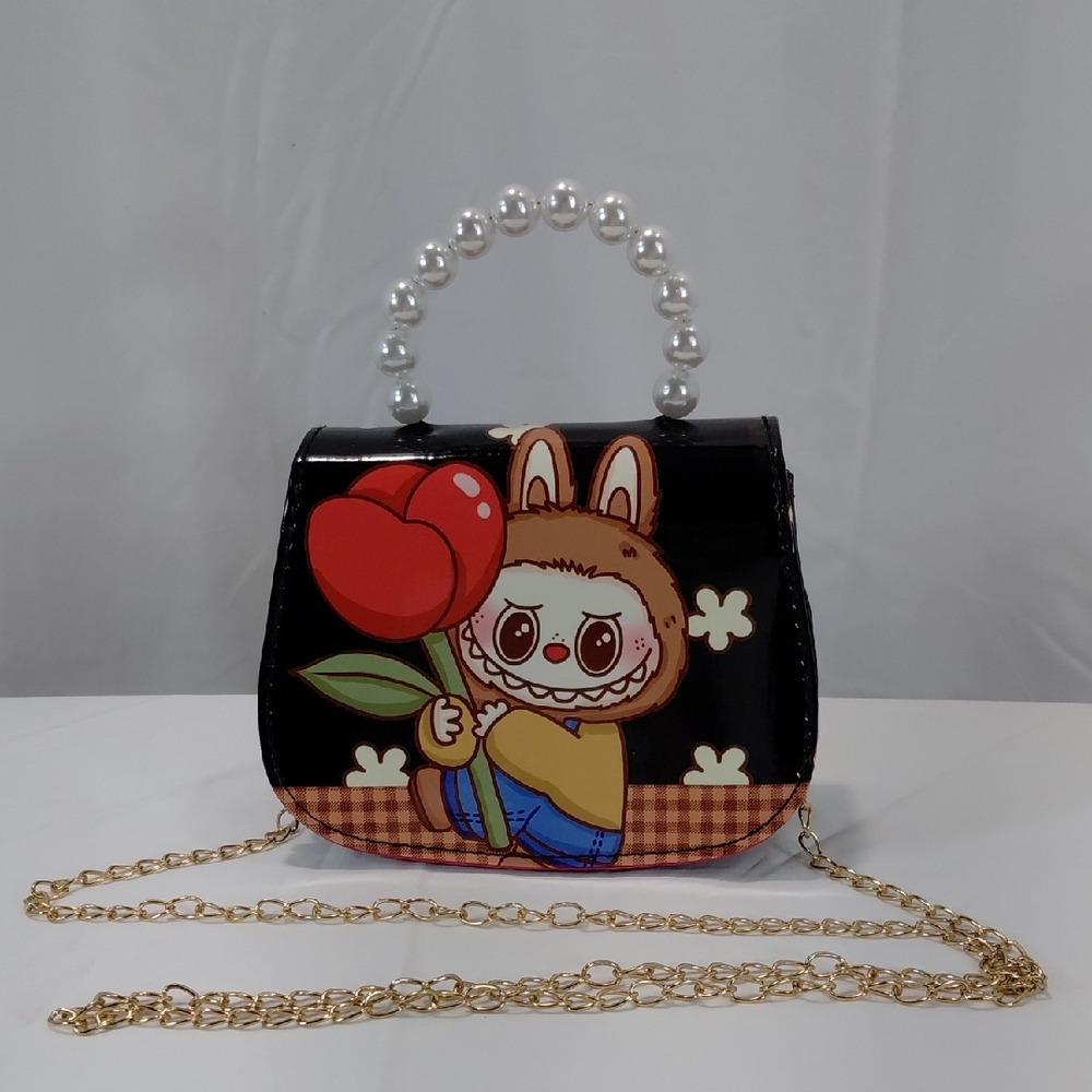 Charming Black Cartoon Labubu Handbag with Pearl Handle